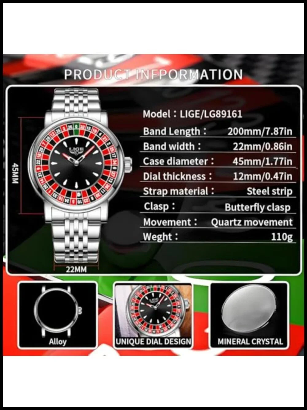 Mens Roulette Wheel Quartz Watch 45mm Stainless Steel 3ATM Waterproof